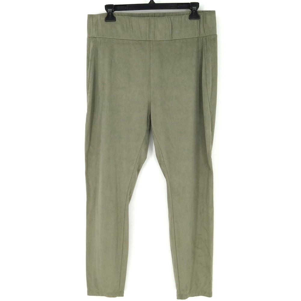 Lori Goldstein Logo Pants Womens Large Green Microsuede Faux Suede Stretch